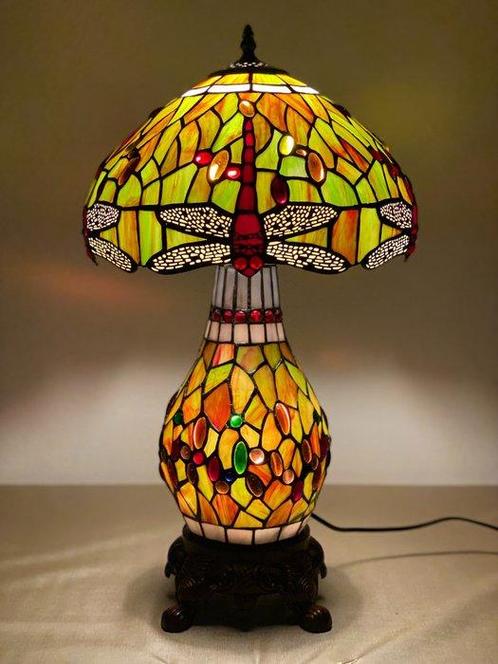 Tiffany stijl tafellamp Studio - Dark Green Dragonfly met 2, Antiek en Kunst, Kunst | Designobjecten