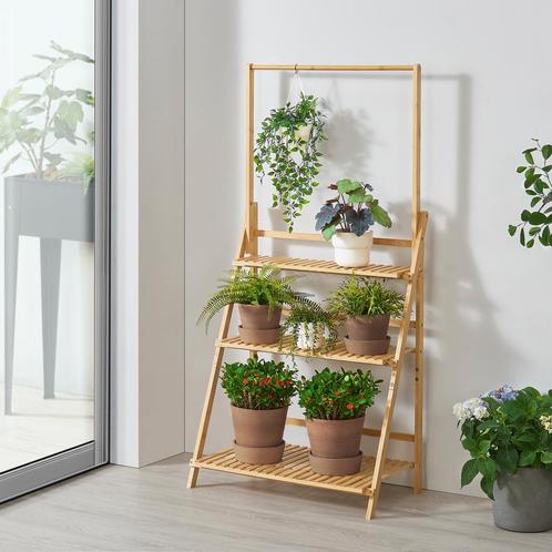 [en.casa] Bloempot trap ladder Brändö 144x70x39,5 cm bamboe, Tuin en Terras, Bloembakken en Plantenbakken, Nieuw, Verzenden
