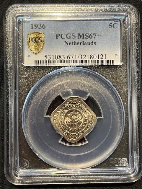 Koningin Wilhelmina 5 cent 1936 MS67+ PCGS gecertificeerd, Postzegels en Munten, Munten | Nederland, Losse munt, 5 cent, Koningin Wilhelmina