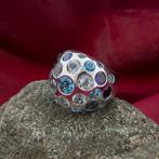 18 Krt. Witgouden gebolde ring met aquamarijn en Amethist, Sieraden, Tassen en Uiterlijk, Ringen, Gebruikt, Overige kleuren, Ophalen of Verzenden