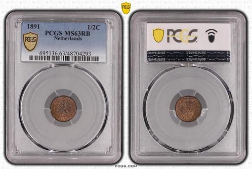 Koningin Wilhelmina 1/2 cent 1891 MS63 RB PCGS, Postzegels en Munten, Munten | Nederland, Losse munt, Koning Willem III, Verzenden
