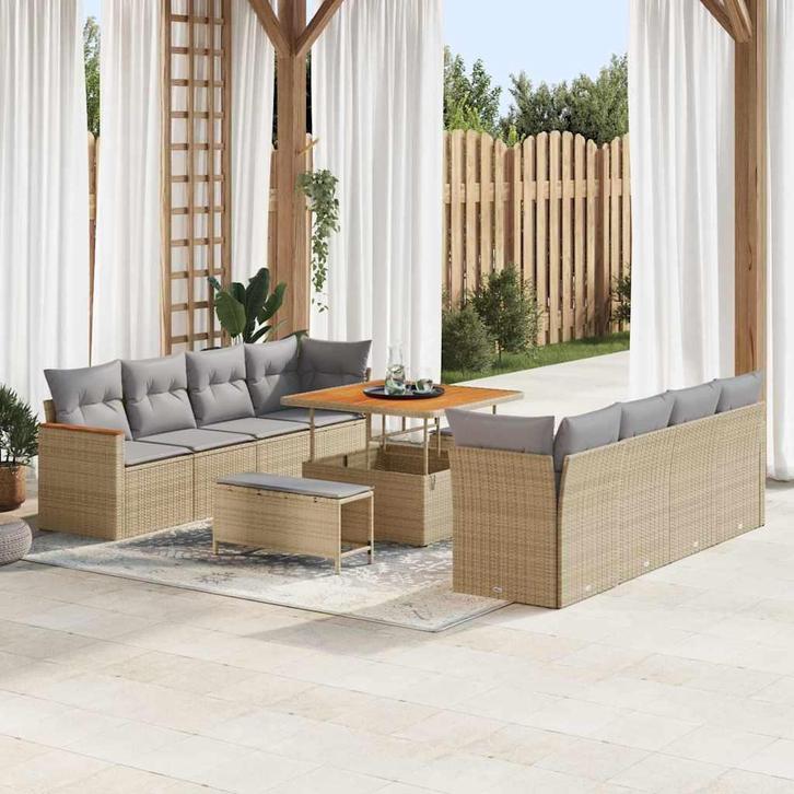 vidaXL Tuin Sofa Set met kussen 11 pcs Beige Poly riet, Tuin en Terras, Tuinsets en Loungesets, Nieuw, Rotan, Verzenden