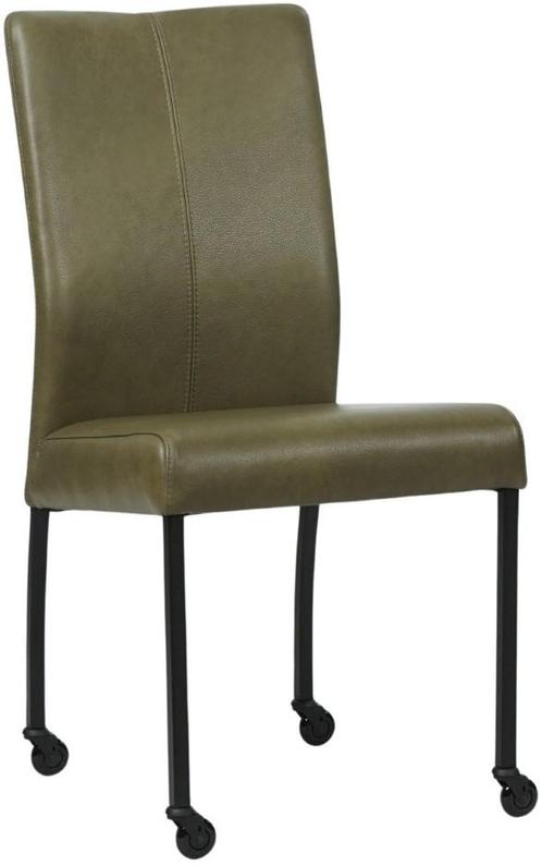 Olijfgroene leren moderne eetkamerstoel - poot rond zwart me, Huis en Inrichting, Stoelen, Eén, Overige kleuren, Nieuw, Leer, Ophalen of Verzenden