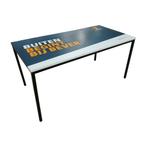 Tafel met updruk 160x80x76cm, Hout Blad en Metalen Frame,, Ophalen of Verzenden, Gebruikt