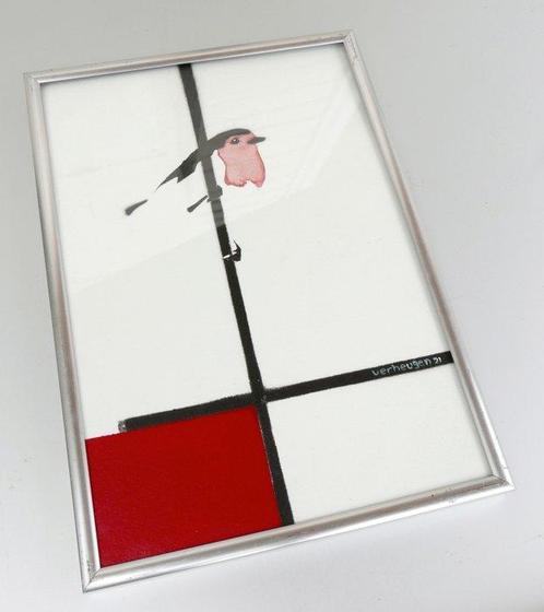 Jos Verheugen - Free after Mondrian, with Robin (A180, mixed, Antiek en Kunst, Kunst | Schilderijen | Modern