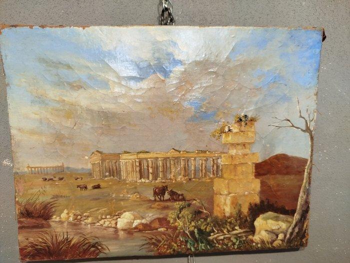 Scuola di Posillipo (XIX) - Templi di Paestum - NO RESERVE, Antiek en Kunst, Kunst | Schilderijen | Klassiek