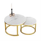Ronde Salontafels Wit Marmer Look met Goud set van 2, Ø70cm, Huis en Inrichting, Kunststof, 50 tot 100 cm, Verzenden, Rond
