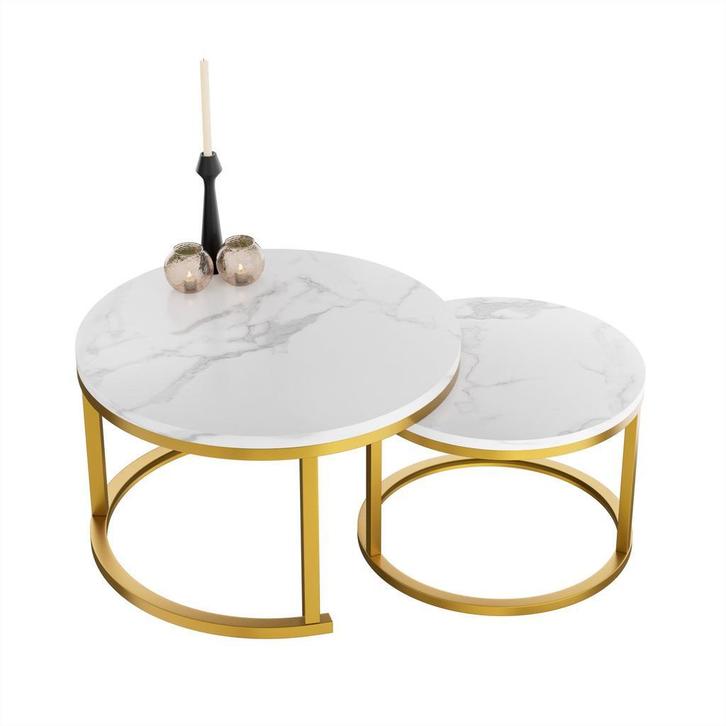 Ronde Salontafels Wit Marmer Look met Goud set van 2, Ø70cm, Huis en Inrichting, Tafels | Salontafels, 50 tot 100 cm, Rond, Nieuw