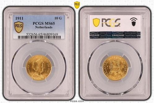 Gouden Wilhelmina 10 gulden 1911 MS65 gecertificeerd PCGS, Postzegels en Munten, Munten | Nederland, Losse munt, Goud, Verzenden