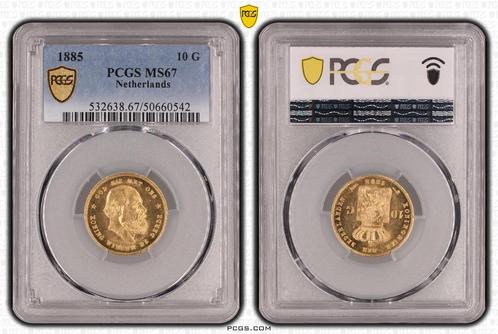 Gouden Willem III 10 gulden 1885 MS67 PCGS gecertificeerd, Postzegels en Munten, Munten | Nederland, Losse munt, 10 gulden, Koning Willem III