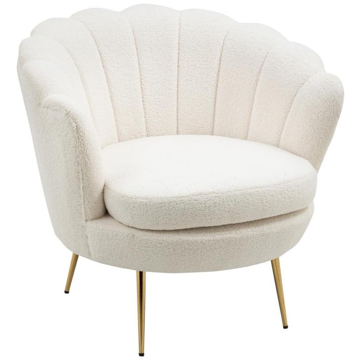 Relaxfauteuil - Schelpvormige luxe - Gouden poten - Wit, Huis en Inrichting, Fauteuils, Nieuw, Stof, Ophalen of Verzenden