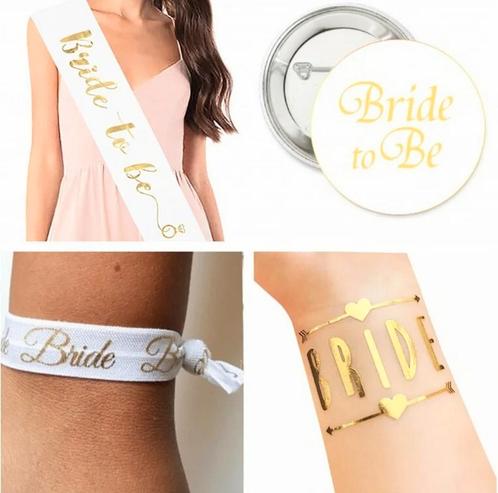 4-delige Vrijgezellenfeest set Bride to Be wit met goud, Hobby en Vrije tijd, Feestartikelen, Geboorte of Huwelijk, Nieuw, Versiering