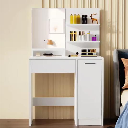 Witte Kaptafel met Opbergruimte – Spiegel, Lade en Planken, Huis en Inrichting, Tafels | Kaptafels, Nieuw, Verzenden