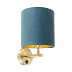 Strakke wandlamp goud met blauwe velours kap - Matt, Huis en Inrichting, Lampen | Wandlampen, Nieuw, Overige materialen, Modern