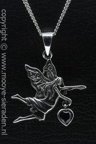 Zilveren Engel met kristal zwart hart ketting hanger, Sieraden, Tassen en Uiterlijk, Kettinghangers, Verzenden