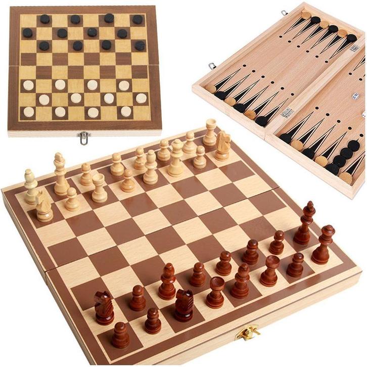 Houten 3 in 1 Schaakspel - Inklapbaar Dammen - Backgammon, Kinderen en Baby's, Speelgoed | Houten speelgoed, Ophalen of Verzenden
