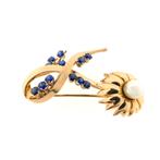 18 Krt. Vintage gouden broche met parel en saffier, Sieraden, Tassen en Uiterlijk, Broches, Gebruikt, Overige kleuren, Ophalen of Verzenden