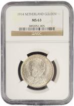 Koningin Wilhelmina 1 gulden 1914 MS63 NGC gecertificeerd, Zilver, Losse munt, Verzenden