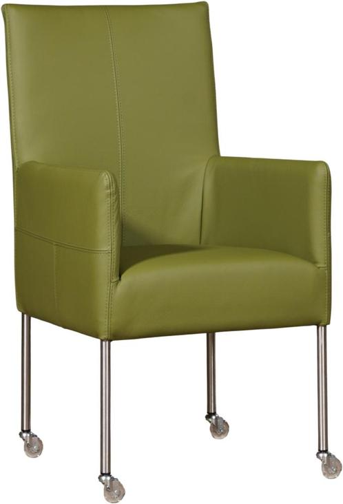 Groene leren moderne eetkamerstoel - poot rond rvs met wiel, Huis en Inrichting, Stoelen, Eén, Nieuw, Leer, Ophalen of Verzenden