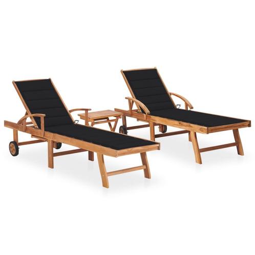 vidaXL Ligbedden 2 st met tafel en kussens massief teakhout, Tuin en Terras, Ligbedden, Nieuw, Verzenden