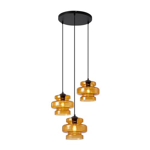 Retro hanglamp zwart met oranje glas 3-lichts - Denise, Huis en Inrichting, Lampen | Hanglampen, Nieuw, Glas, 75 cm of meer