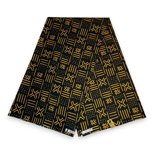 Afrikaanse Zwart / Gele X Bogolan / Mud cloth print stof - T, Hobby en Vrije tijd, Stoffen en Lappen, Nieuw, Ophalen of Verzenden