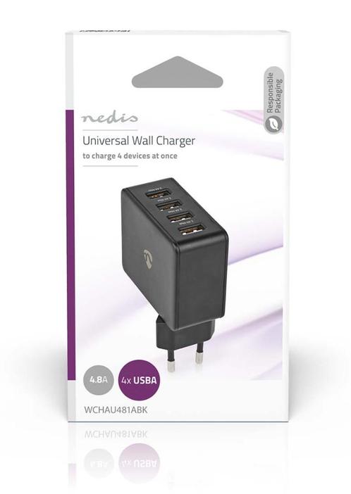 Nedis Universal 4-Port USB-A 4.8A Wall Charger-Zwart, Computers en Software, Pc- en Netwerkkabels, Nieuw, Ophalen of Verzenden