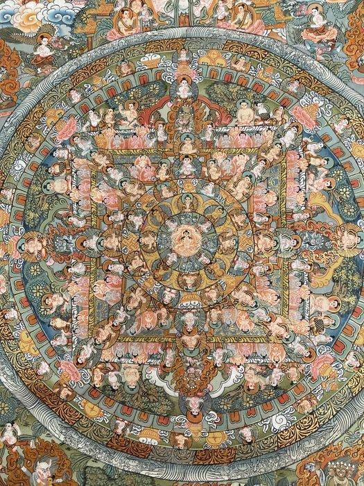 Zeer fijn geschilderd Thangka Mandala - Nepal - Tweede helft, Antiek en Kunst, Kunst | Niet-Westerse kunst