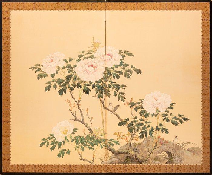 Kamerscherm - Papier, Hout, Een tweepaneel vouwscherm met, Antiek en Kunst, Antiek | Overige Antiek