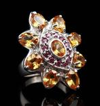 Citrien - Zilver, Ring Fleur Solaire in Citrien & Granaat:, Antiek en Kunst