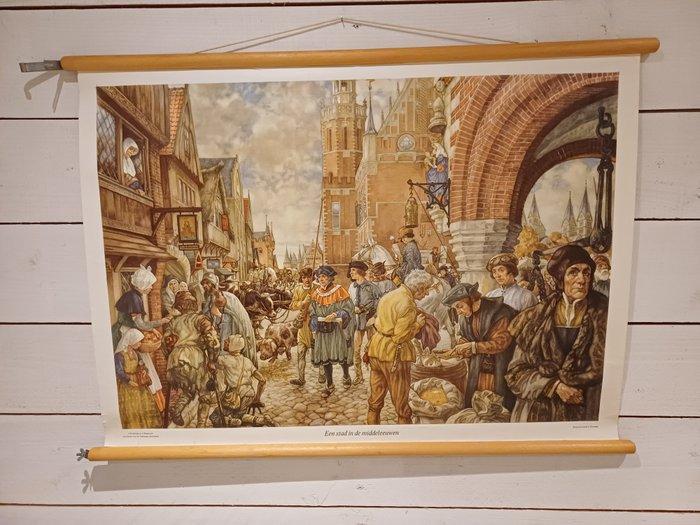 Stad in de Middeleeuwen - Schoolkaart - Linnen, Antiek en Kunst, Curiosa en Brocante