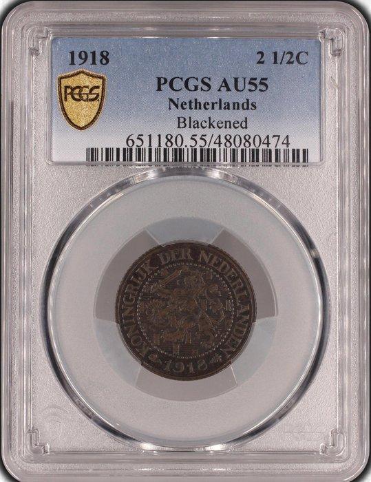 Nederland. Wilhelmina. 2 1/2 Cent 1918 AU55 Blackened, Postzegels en Munten, Munten | Nederland