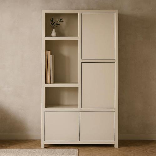Wandkast Mangohout Evan 120 Crème (3 Open Vakken, 4 Deuren), Huis en Inrichting, Kasten | Overige, Nieuw, Verzenden