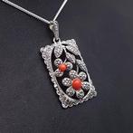 Zilver, Art Deco, Bloedkoraal - Ketting met hanger - +, Antiek en Kunst
