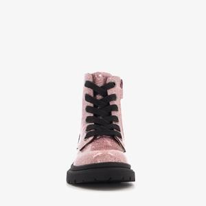 TwoDay leren meisjes veterboots met glitter roze maat 25