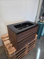 Badmeubel 80 x 45,5 x 53 cm noten met mat zwarte wastafel, Ophalen of Verzenden, Nieuw, Bad