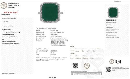 Ring Platina - 8.42ct. tw. Smaragd - Diamant, Sieraden, Tassen en Uiterlijk, Ringen