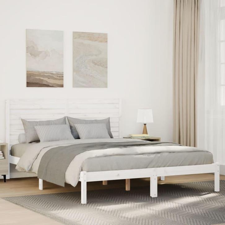 vidaXL Bedframe extra lang zonder matras massief hout wit, Huis en Inrichting, Slaapkamer | Bedden, Wit, Nieuw, Hout, Tweepersoons