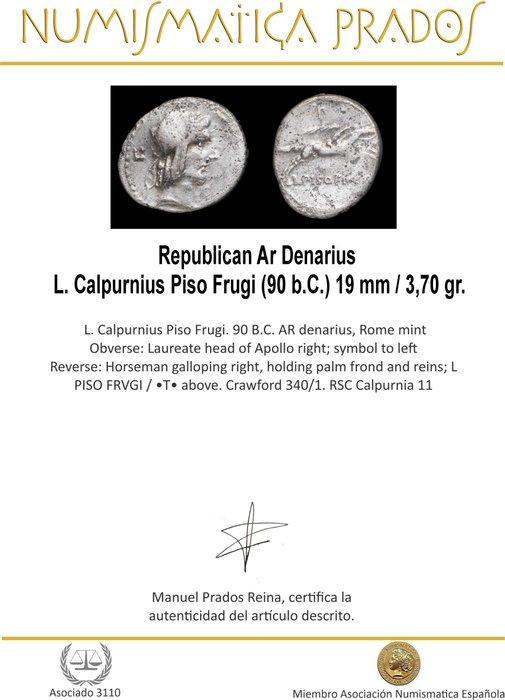 Romeinse Republiek. L. Calpurnius Piso Frugi (90 b.C.)., Postzegels en Munten, Munten | Europa | Niet-Euromunten
