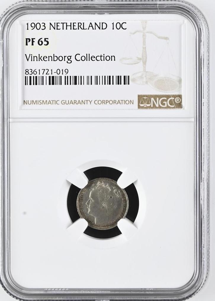 Koningin Wilhelmina 10 cent 1903 Proof NGC PF65 Vinkenborg, Postzegels en Munten, Munten | Nederland, Losse munt, 10 cent, Koningin Wilhelmina
