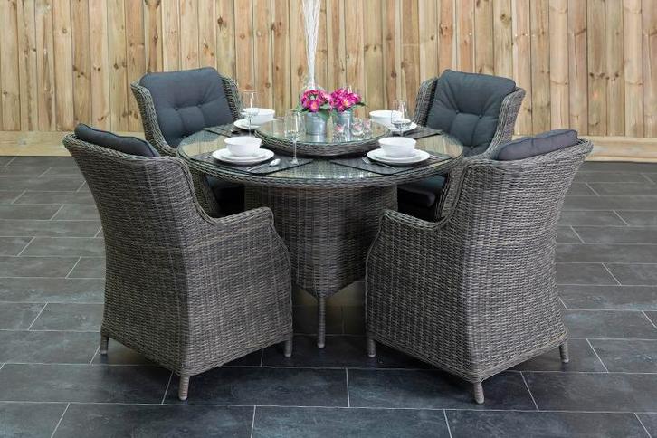 Rio Ronde Tafel 130 met 4 Darwin Dining Tuinstoelen Kobo Gre, Tuin en Terras, Tuinsets en Loungesets, Eettafel, Stoel, 4 zitplaatsen