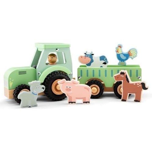 New Classic Toys - Houten Tractor met Aanhanger met 5 Dieren, Kinderen en Baby's, Speelgoed | Overig, Zo goed als nieuw, Ophalen of Verzenden