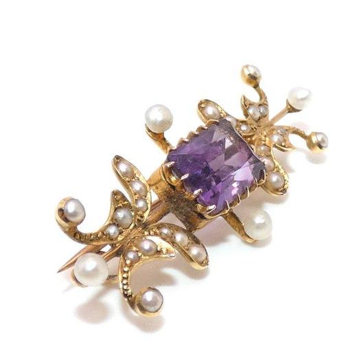 Zonder Minimumprijs - Broche - 15 karaat Geel goud Amethist, Sieraden, Tassen en Uiterlijk, Antieke sieraden