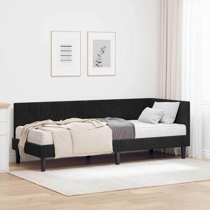 vidaXL Hoekbedframe met matras Zwart 80 x 200 cm Fluweel, Huis en Inrichting, Slaapkamer | Bedden, Zwart, Nieuw, Hout, Verzenden