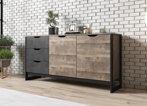 Dressoir Acasia - Grijs - Eiken - 161x40x79 - Kast, Huis en Inrichting, Kasten | Dressoirs, 25 tot 50 cm, Nieuw, 150 tot 200 cm