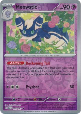 Meowstic 085/191 reverse holo surging sparks, Hobby en Vrije tijd, Verzamelkaartspellen | Pokémon, Losse kaart, Nieuw, Foil, Ophalen of Verzenden