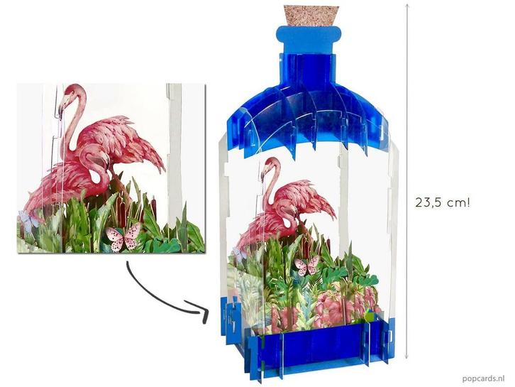 2 Roze Flamingos pop-up kaart - Flessenpost 3D Wenskaart, Diversen, Wenskaarten, Verzenden