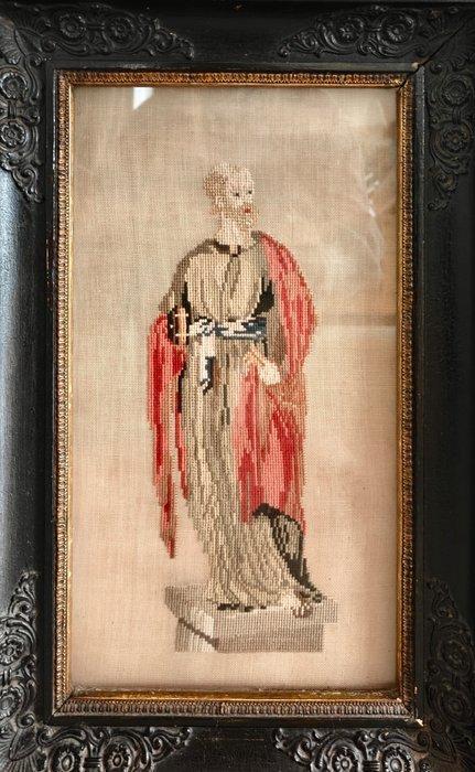 Lijst - Handgemaakt borduurwerk met religieus figuur - 32 x, Antiek en Kunst, Antiek | Boeken en Bijbels