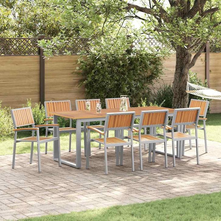 vidaXL Tuin eettafelset 9 pcs Grijs Massief Acaciahout, Tuin en Terras, Tuintafels, Nieuw, Verzenden