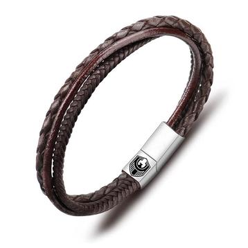 Leren Herenarmband - Gevlochten Leer en Roestvrijstaal - beschikbaar voor biedingen